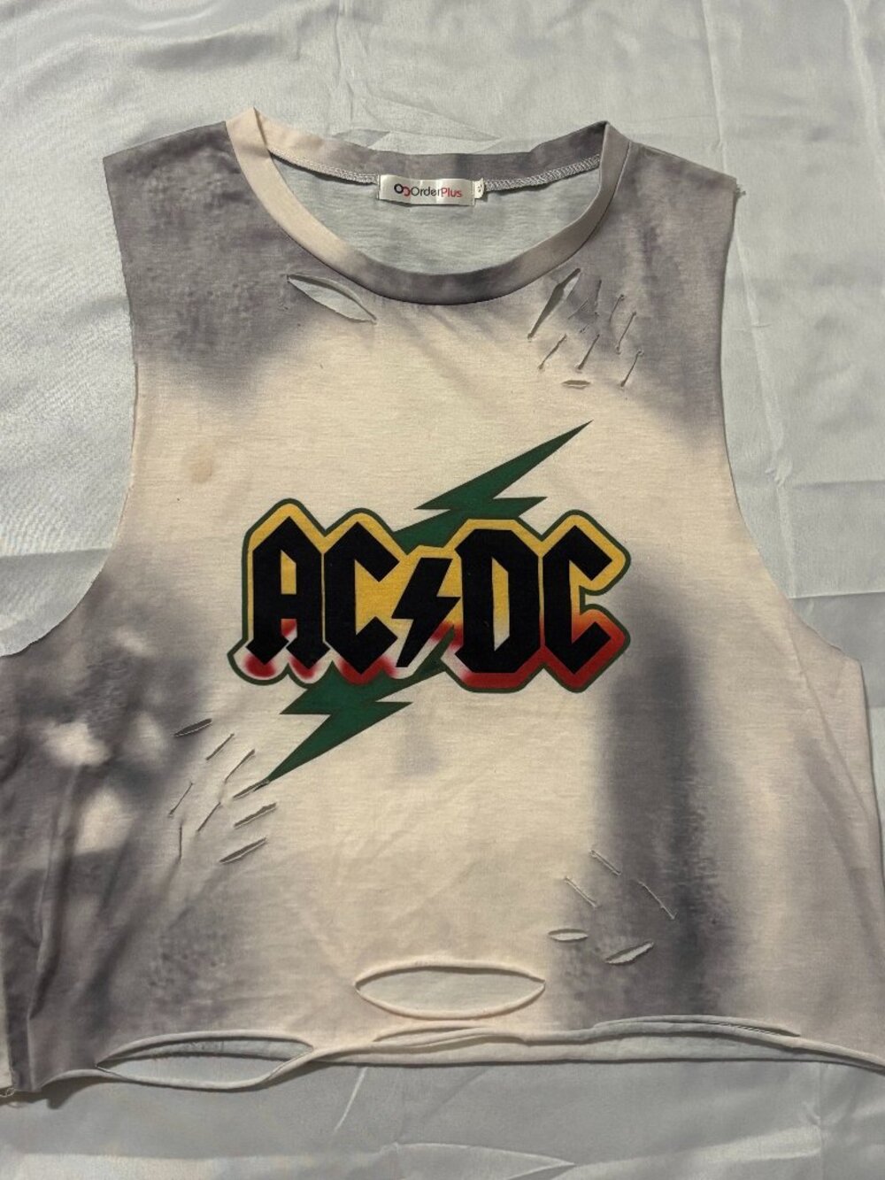 AC/DC Distressed Tie Dye Muscle Crop Tank Top